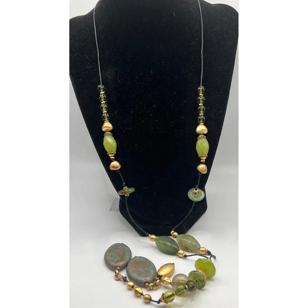 Chico's Green Stone Drop Necklace Boho Artisan 28